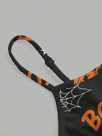 Women Halloween Pumpkin Ghost Spider Black Tank Top