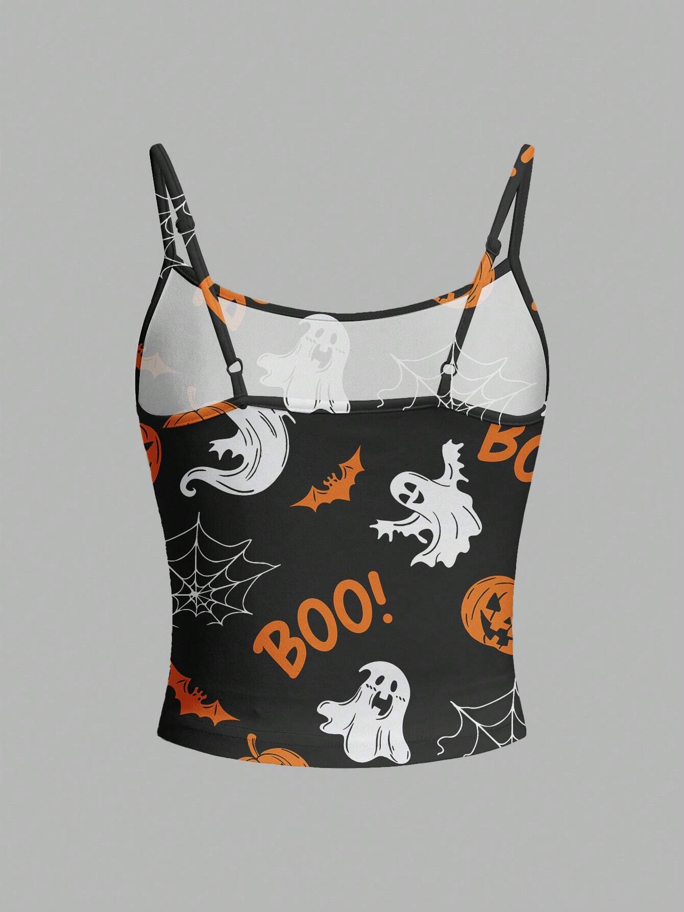Women Halloween Pumpkin Ghost Spider Black Tank Top