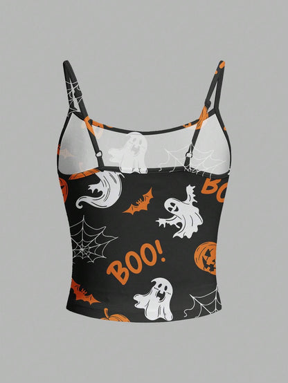Women Halloween Pumpkin Ghost Spider Black Tank Top