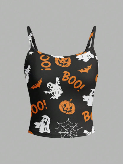Women Halloween Pumpkin Ghost Spider Black Tank Top