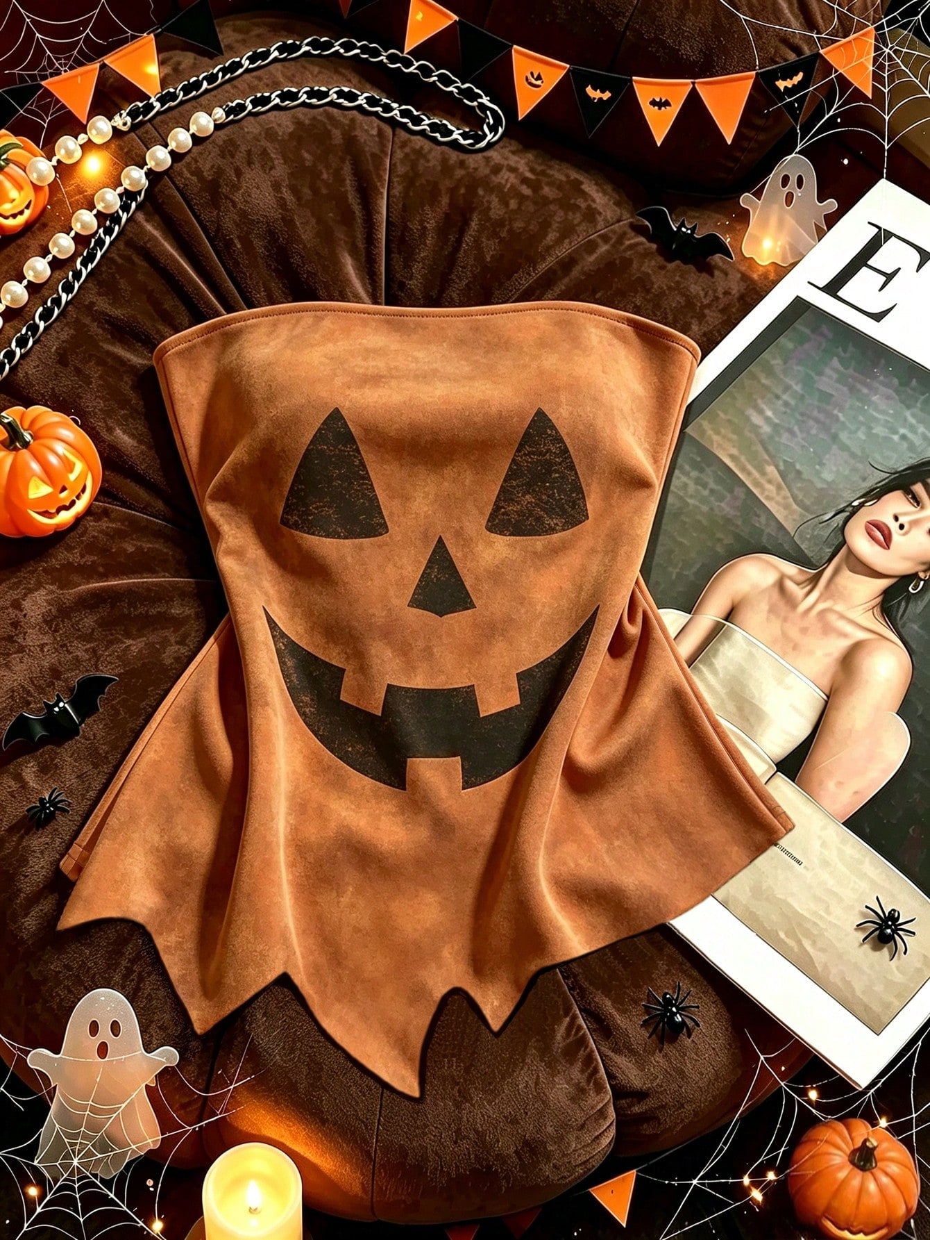 Women Halloween Pumpkin Graphic Asymmetrical Tube Top