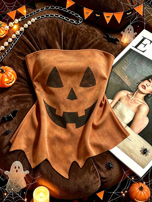 Women Halloween Pumpkin Graphic Asymmetrical Tube Top