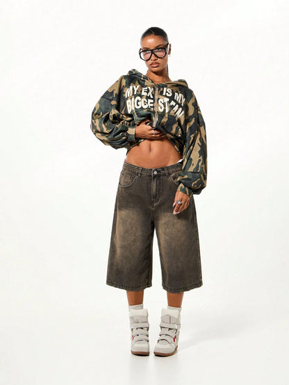 Women Oversized Camo Zip-Through Hoodie