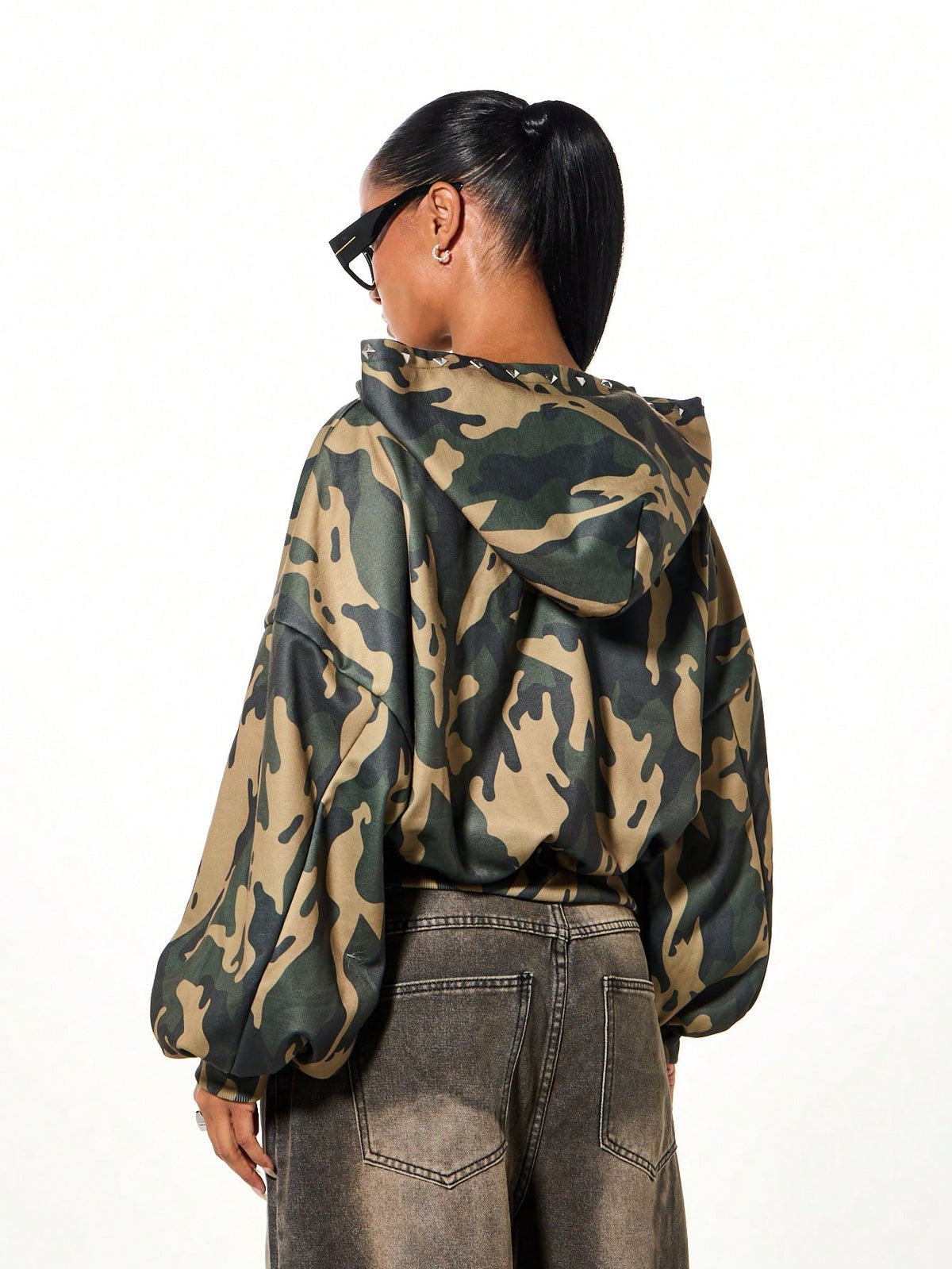 Women Oversized Camo Zip-Through Hoodie