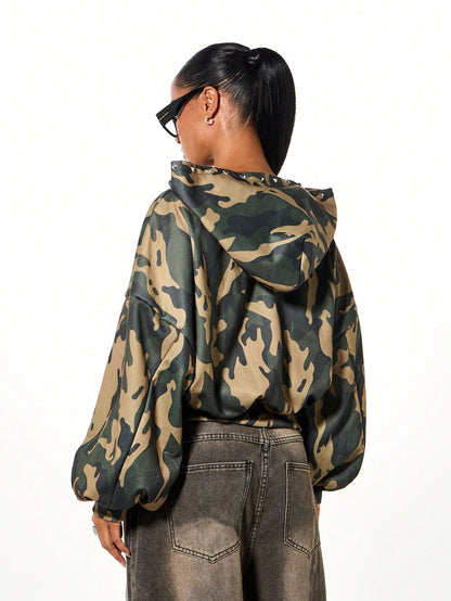 Women Oversized Camo Zip-Through Hoodie