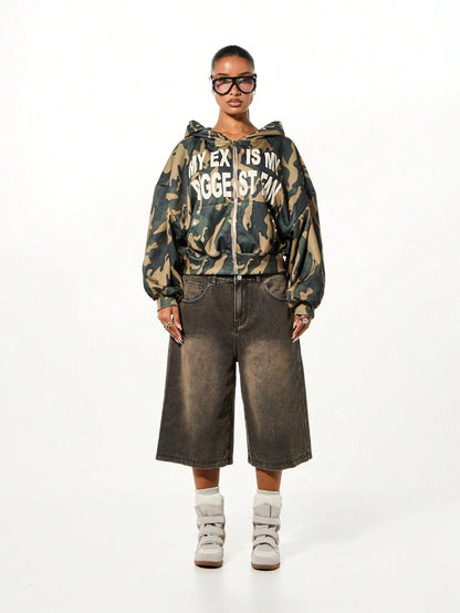 Women Oversized Camo Zip-Through Hoodie