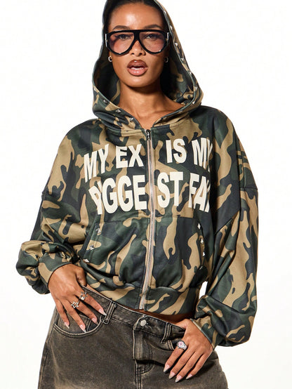 Women Oversized Camo Zip-Through Hoodie