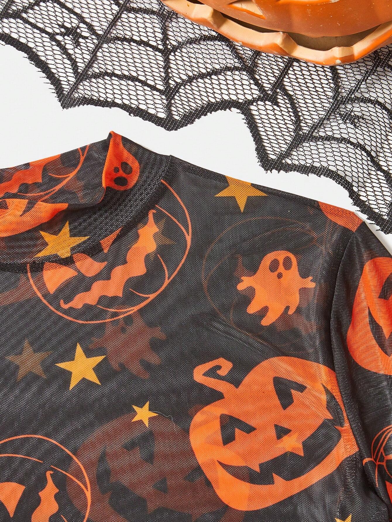 Women Pumpkin Print Turtle Neck Flare Sleeve Blouse