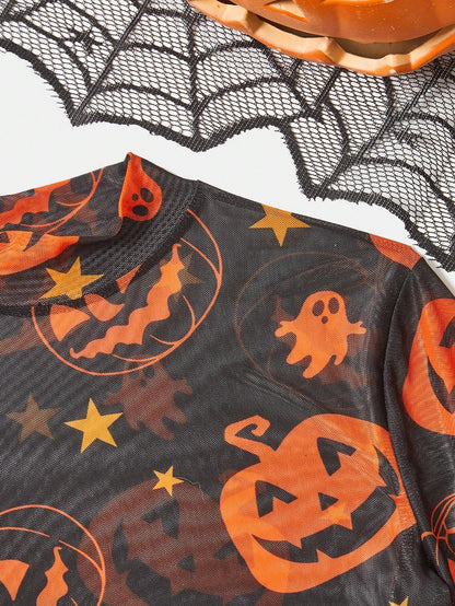 Women Pumpkin Print Turtle Neck Flare Sleeve Blouse