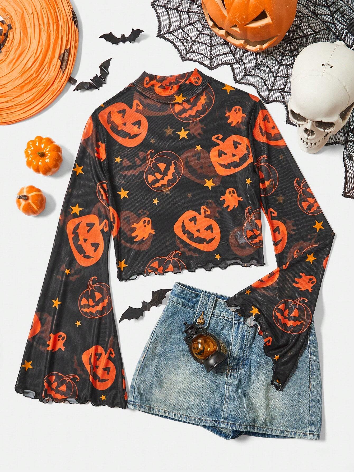 Women Pumpkin Print Turtle Neck Flare Sleeve Blouse