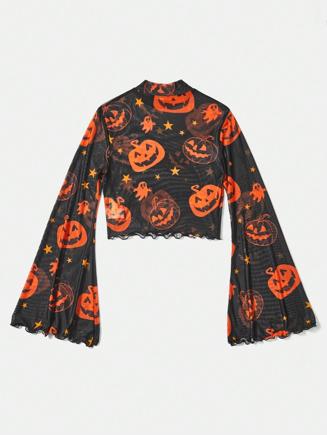 Women Pumpkin Print Turtle Neck Flare Sleeve Blouse