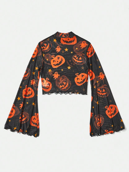 Women Pumpkin Print Turtle Neck Flare Sleeve Blouse