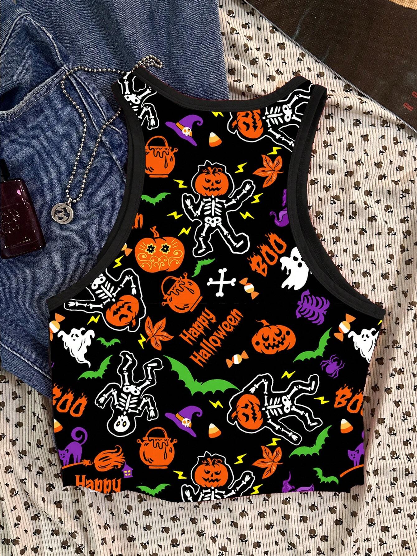 Women Skeleton Pumpkin Graphic Minimalist Tank Top