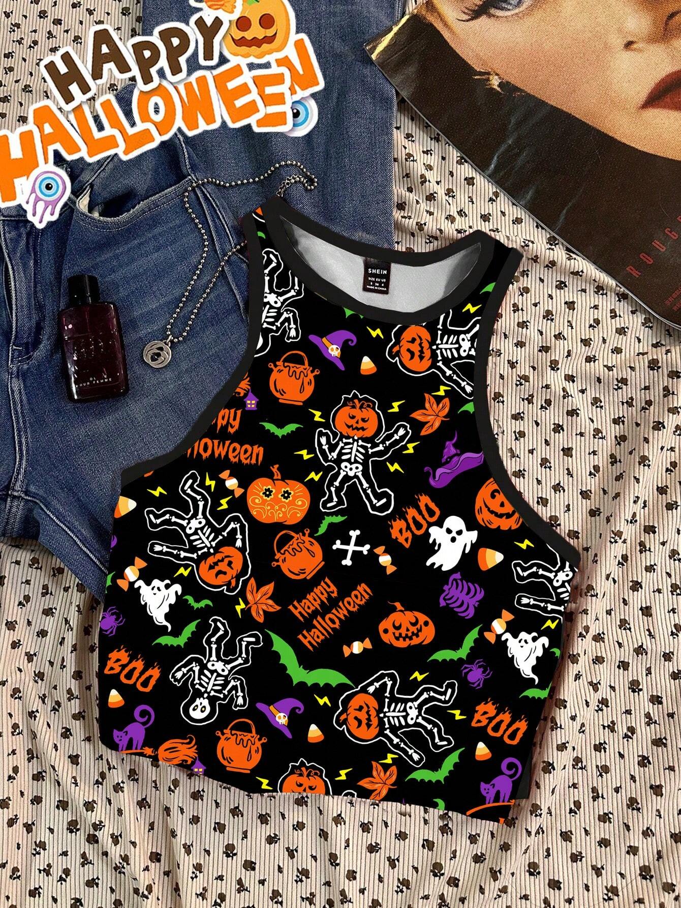 Women Skeleton Pumpkin Graphic Minimalist Tank Top