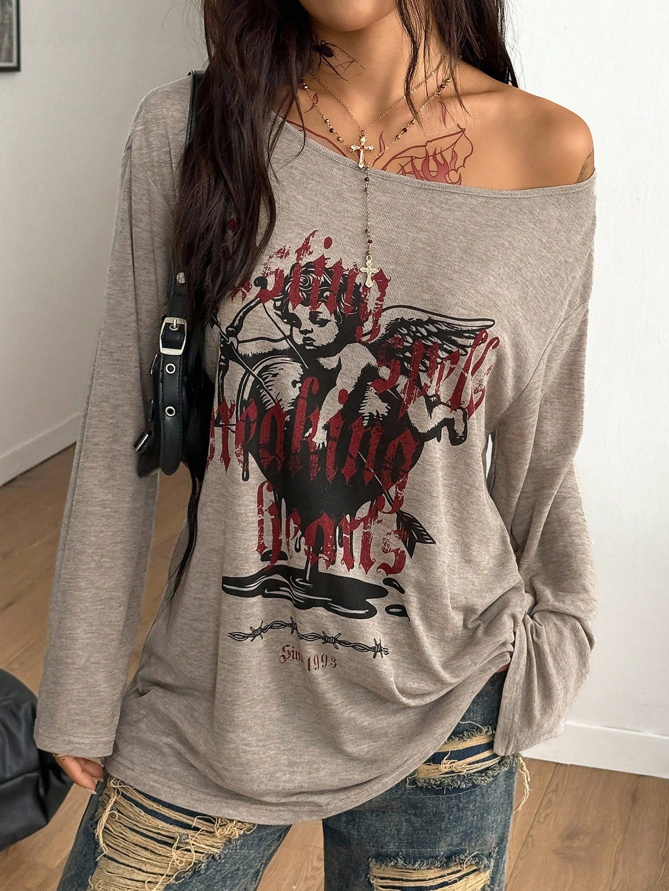 Women Y2K Cupid Off-Shoulder Graphic Top