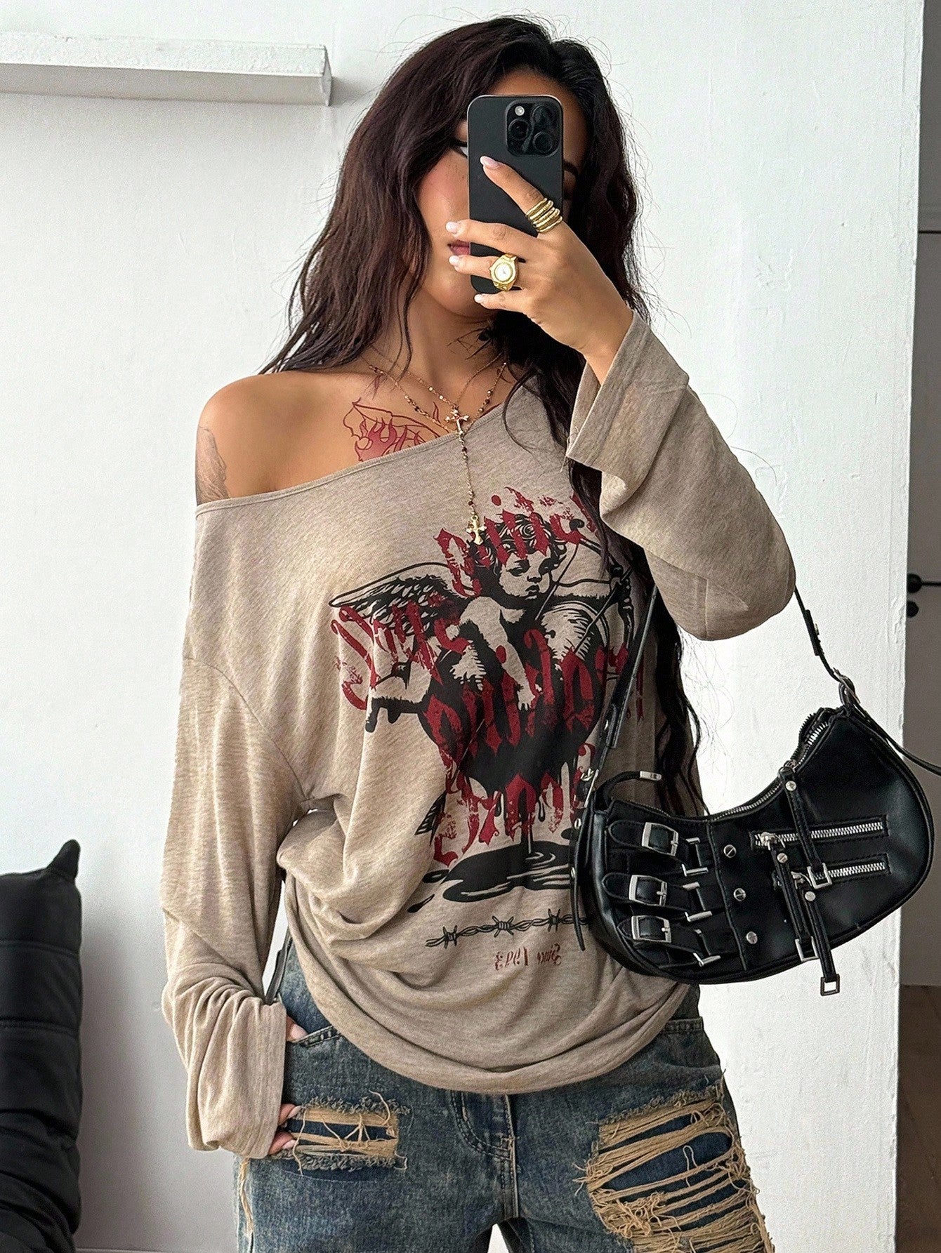 Women Y2K Cupid Off-Shoulder Graphic Top