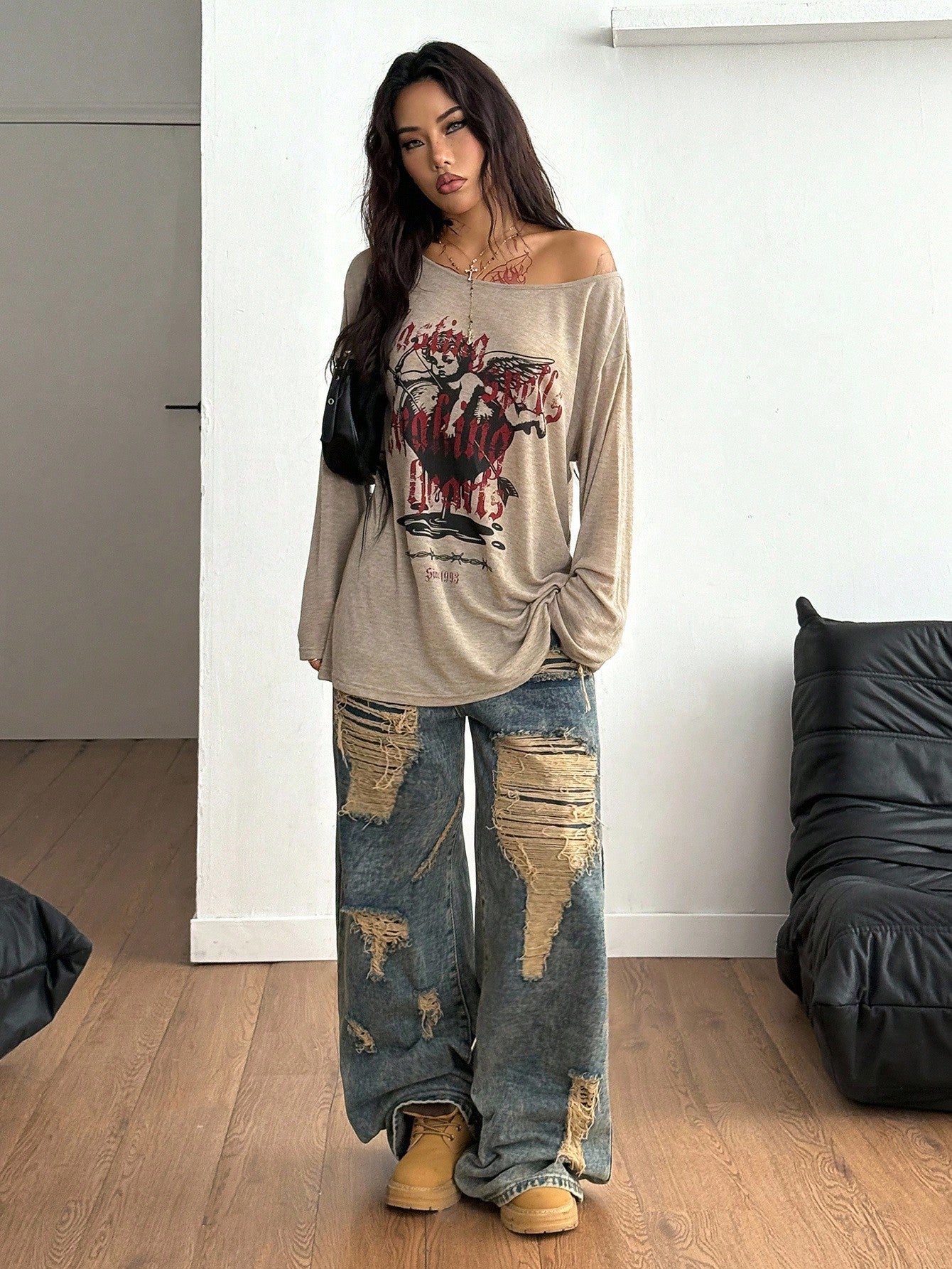 Women Y2K Cupid Off-Shoulder Graphic Top