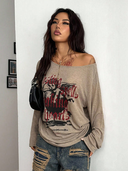 Women Y2K Cupid Off-Shoulder Graphic Top