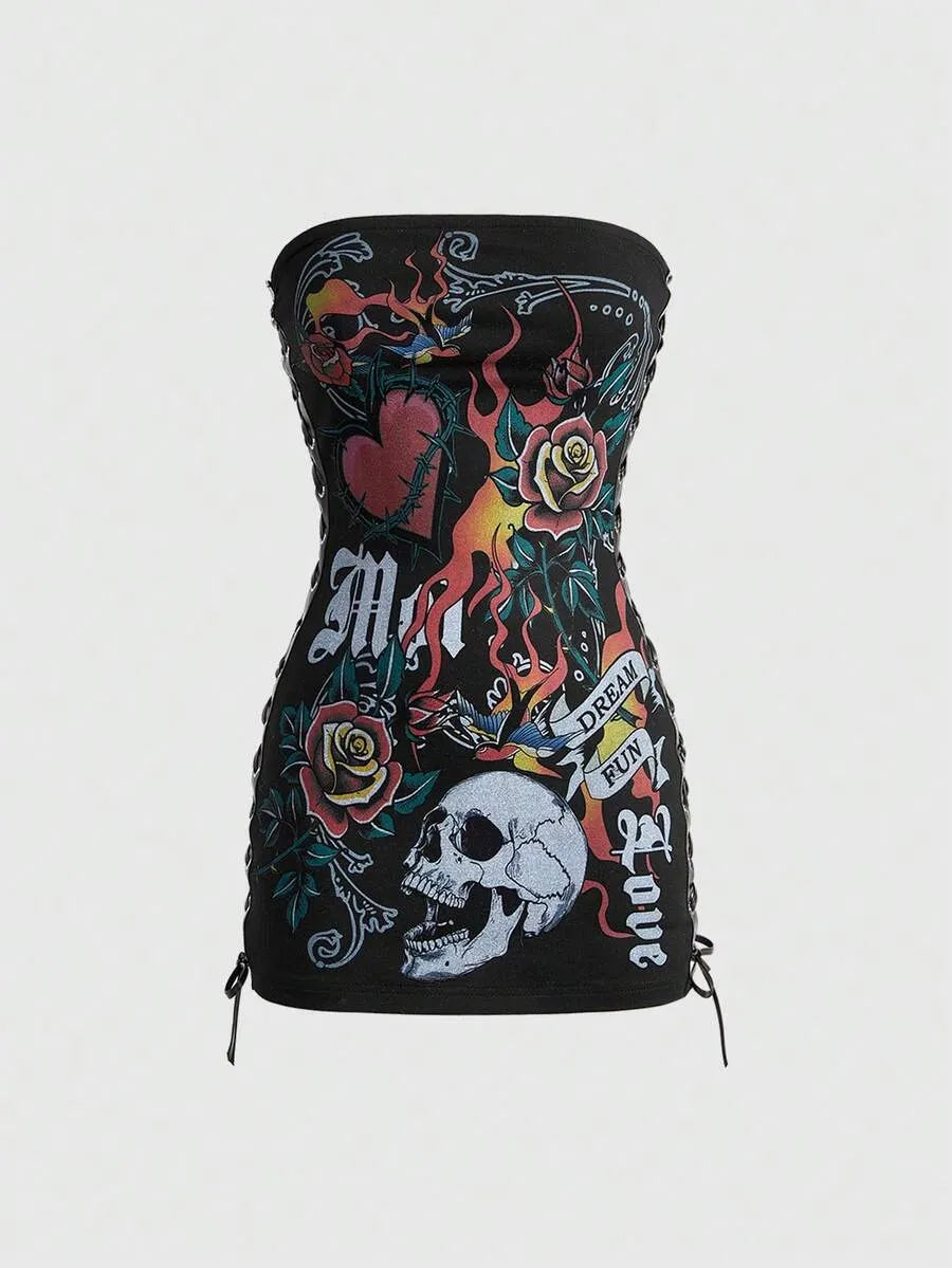Women Y2K Skeleton Flame Mini Dress