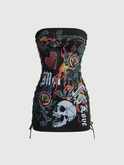 Women Y2K Skeleton Flame Mini Dress