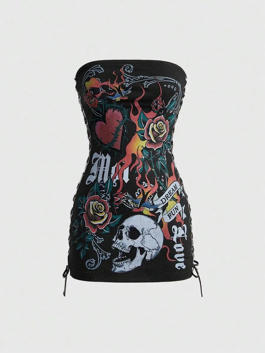 Women Y2K Skeleton Flame Mini Dress