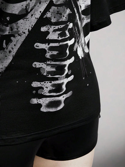 Women's Gothic Halloween Black Skull Print T-Shirt