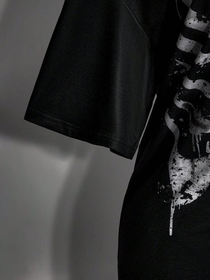 Women's Gothic Halloween Black Skull Print T-Shirt