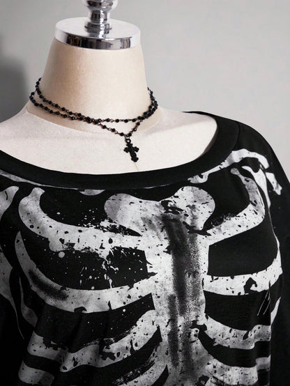 Women's Gothic Halloween Black Skull Print T-Shirt