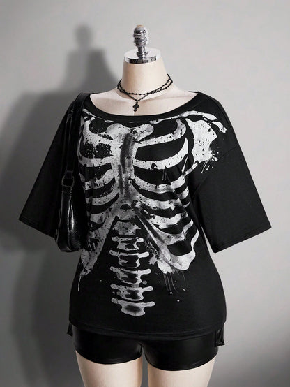 Women's Gothic Halloween Black Skull Print T-Shirt