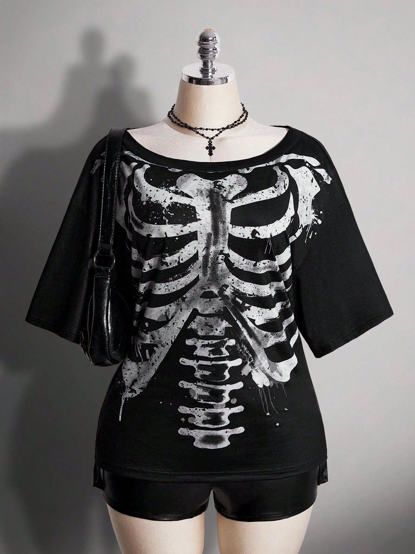Women's Gothic Halloween Black Skull Print T-Shirt