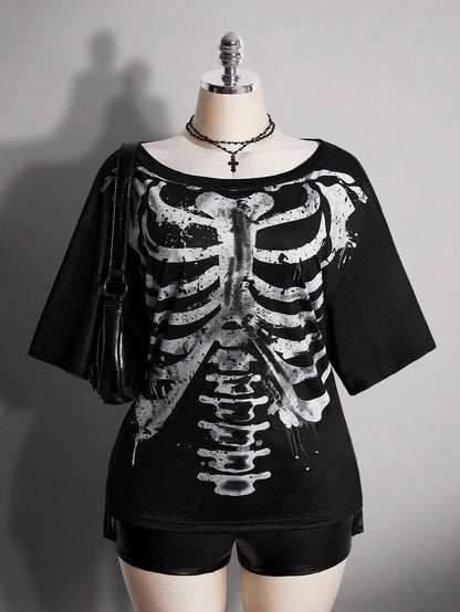 Women's Gothic Halloween Black Skull Print T-Shirt
