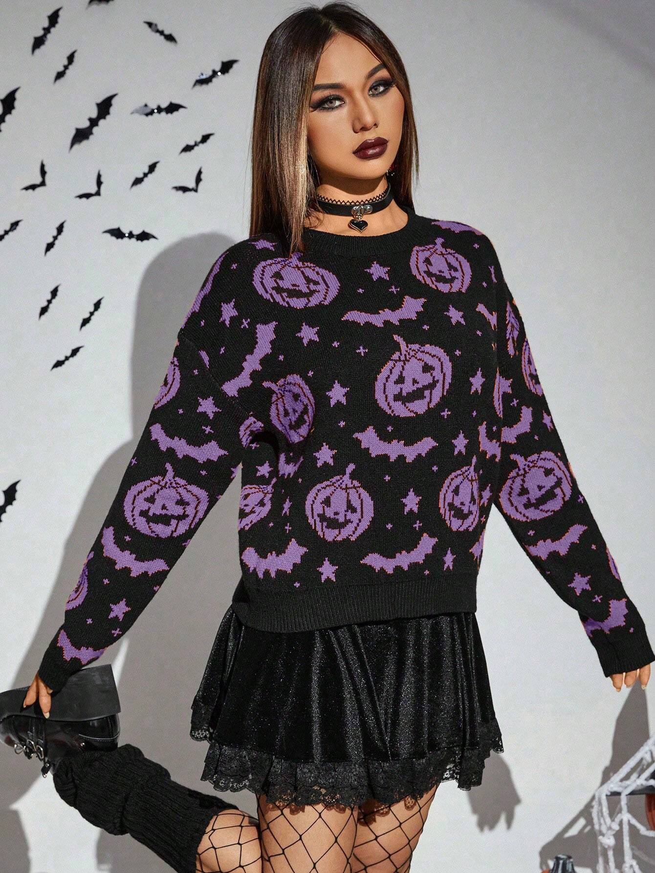 Women's Halloween Pumpkin Bat Pattern Knit Sweater