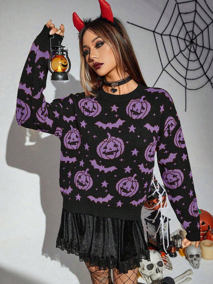 Women's Halloween Pumpkin Bat Pattern Knit Sweater