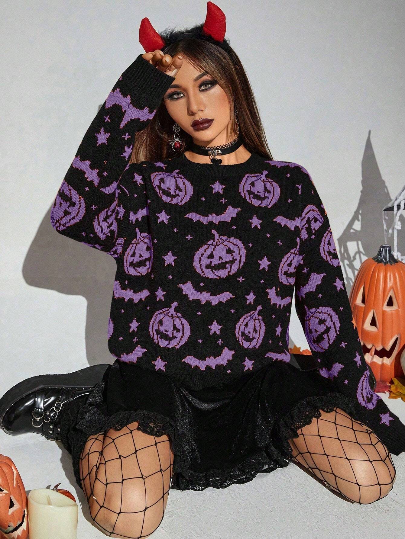 Women's Halloween Pumpkin Bat Pattern Knit Sweater