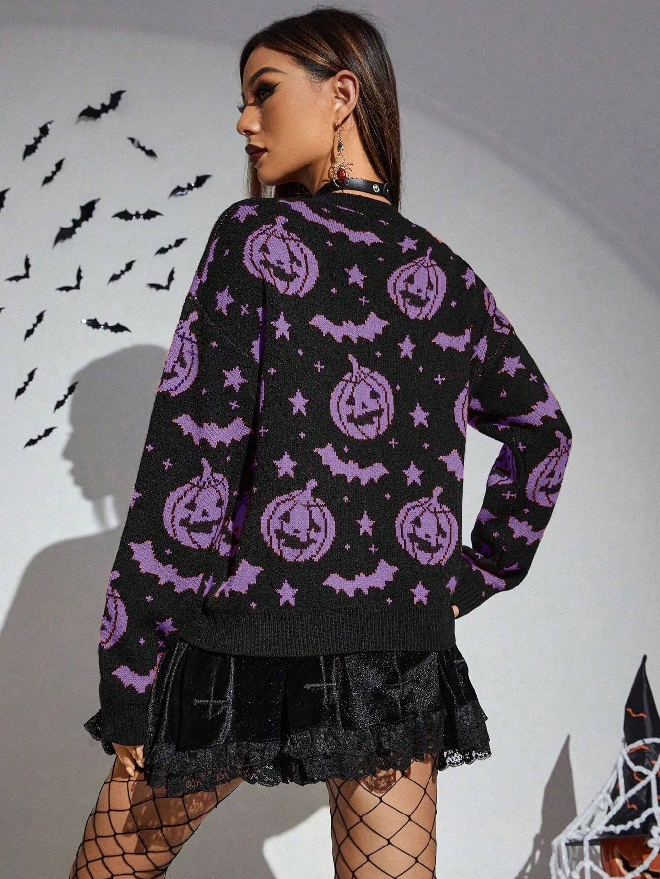 Women's Halloween Pumpkin Bat Pattern Knit Sweater