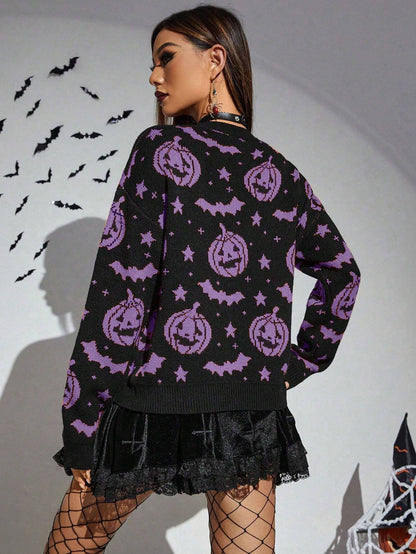 Women's Halloween Pumpkin Bat Pattern Knit Sweater