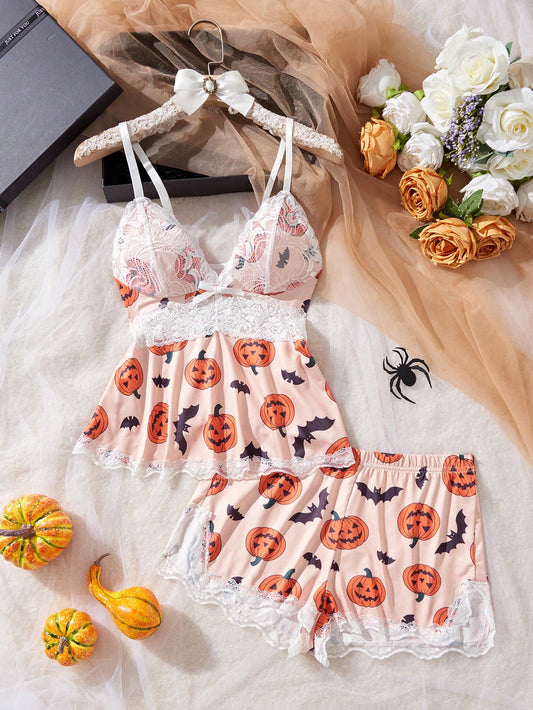 Women's Lace Trim Pumpkin Cami Pajama Set