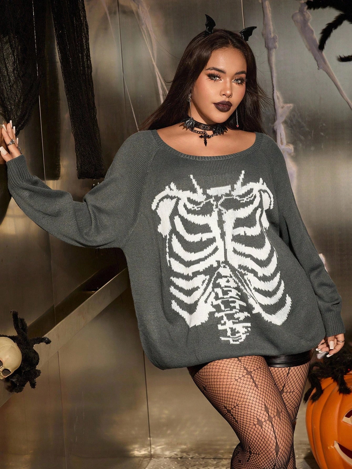 Women's Plus Size Skull Jacquard Sweater