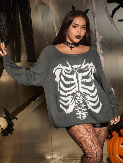 Women's Plus Size Skull Jacquard Sweater