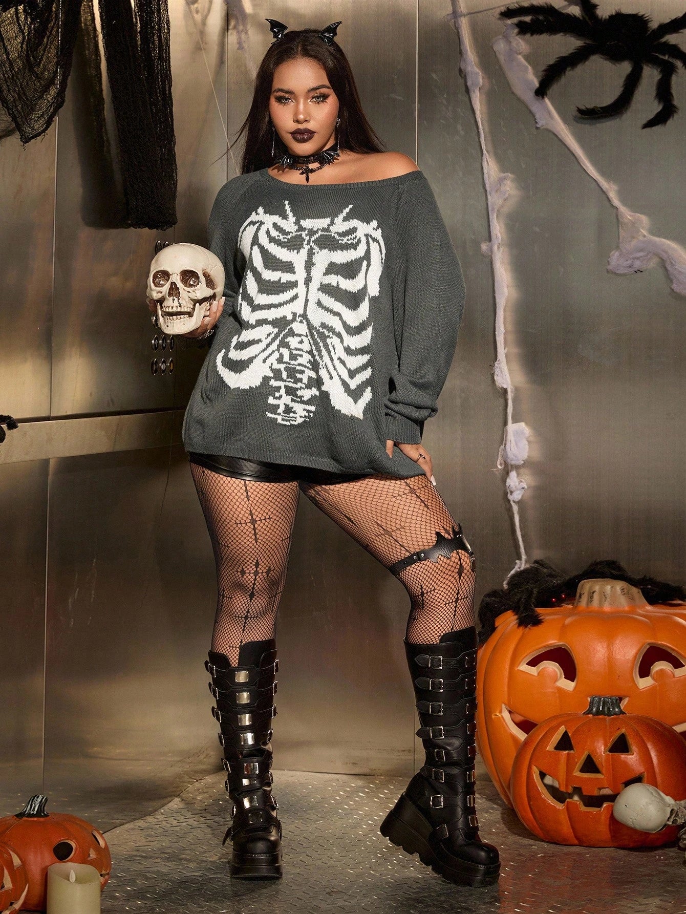 Women's Plus Size Skull Jacquard Sweater
