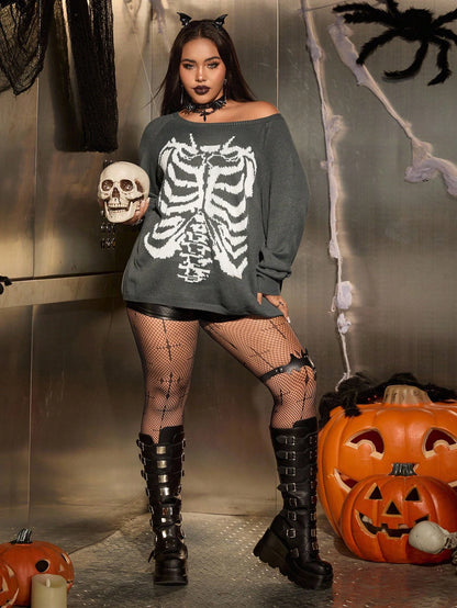 Women's Plus Size Skull Jacquard Sweater