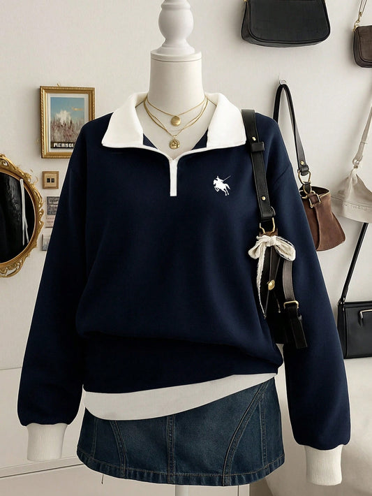 Women's Autumn Knight Print Contrast Zipper Half-Placket Long Sleeve Casual Sweatshirt