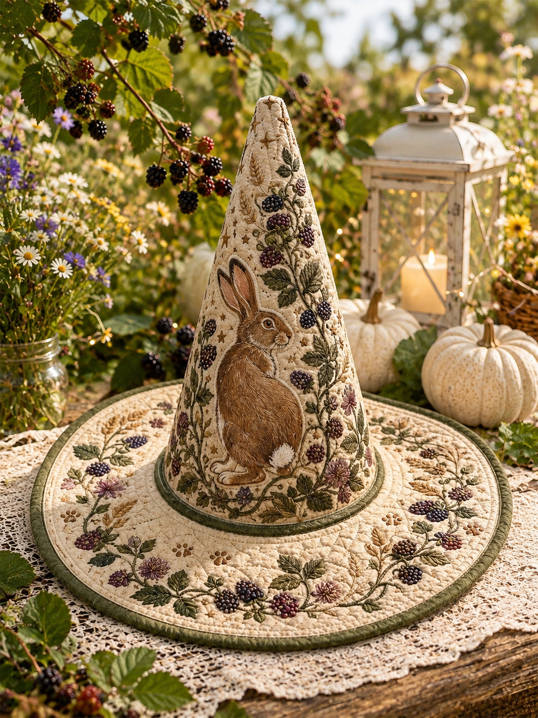Woodland Rabbit & Blackberry Botanical Halloween Quilt Witch Hat