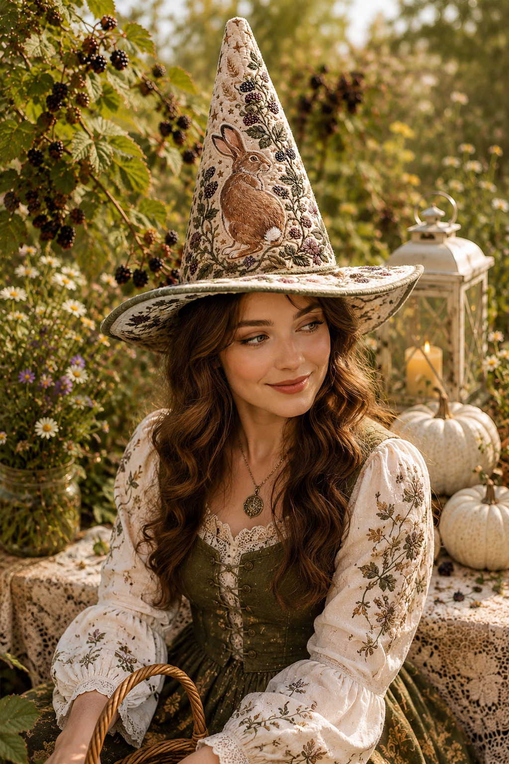 Woodland Rabbit & Blackberry Botanical Halloween Quilt Witch Hat
