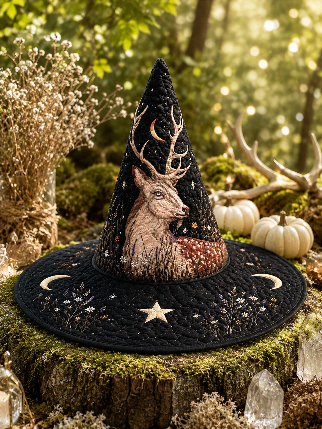 Woodland Stag & Celestial Moon Halloween Quilt Witch Hat