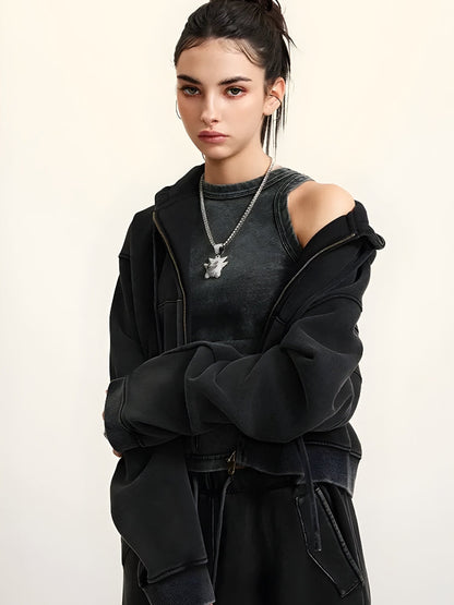 Y2K Double Zip-Up Cropped Hoodie