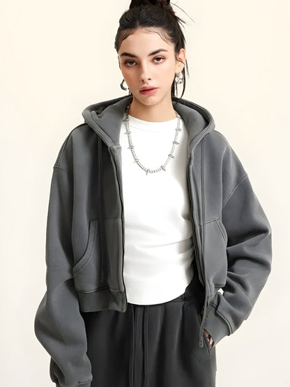 Y2K Double Zip-Up Cropped Hoodie