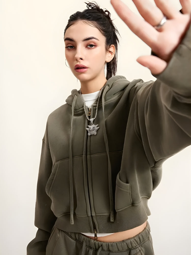 Y2K Double Zip-Up Cropped Hoodie