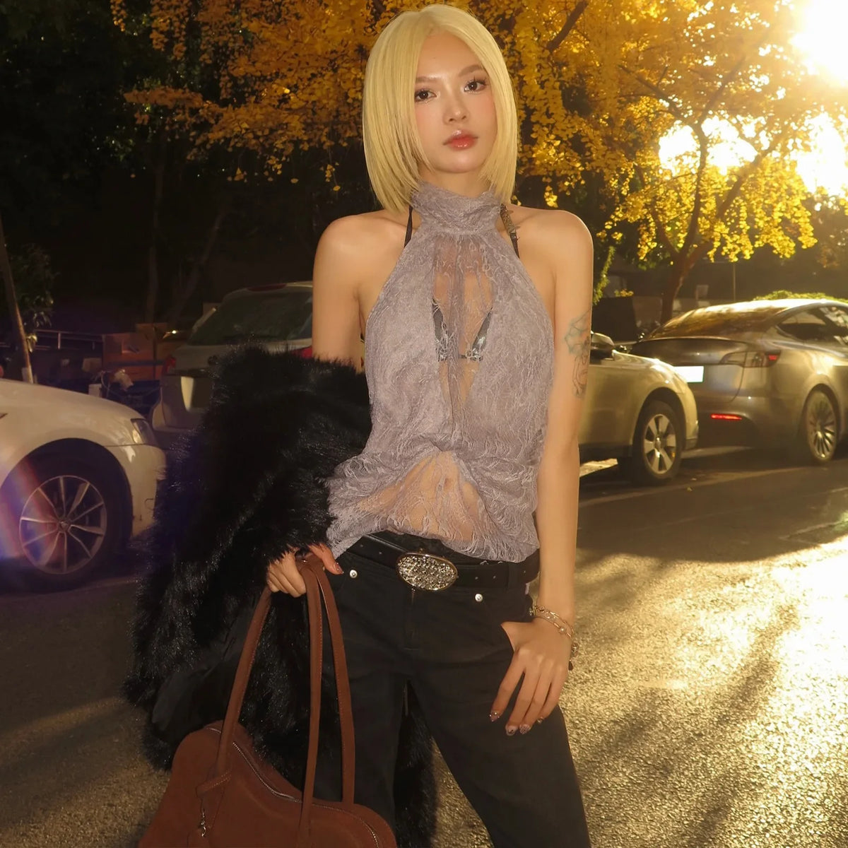 Y2K Lace Draped Halter Top
