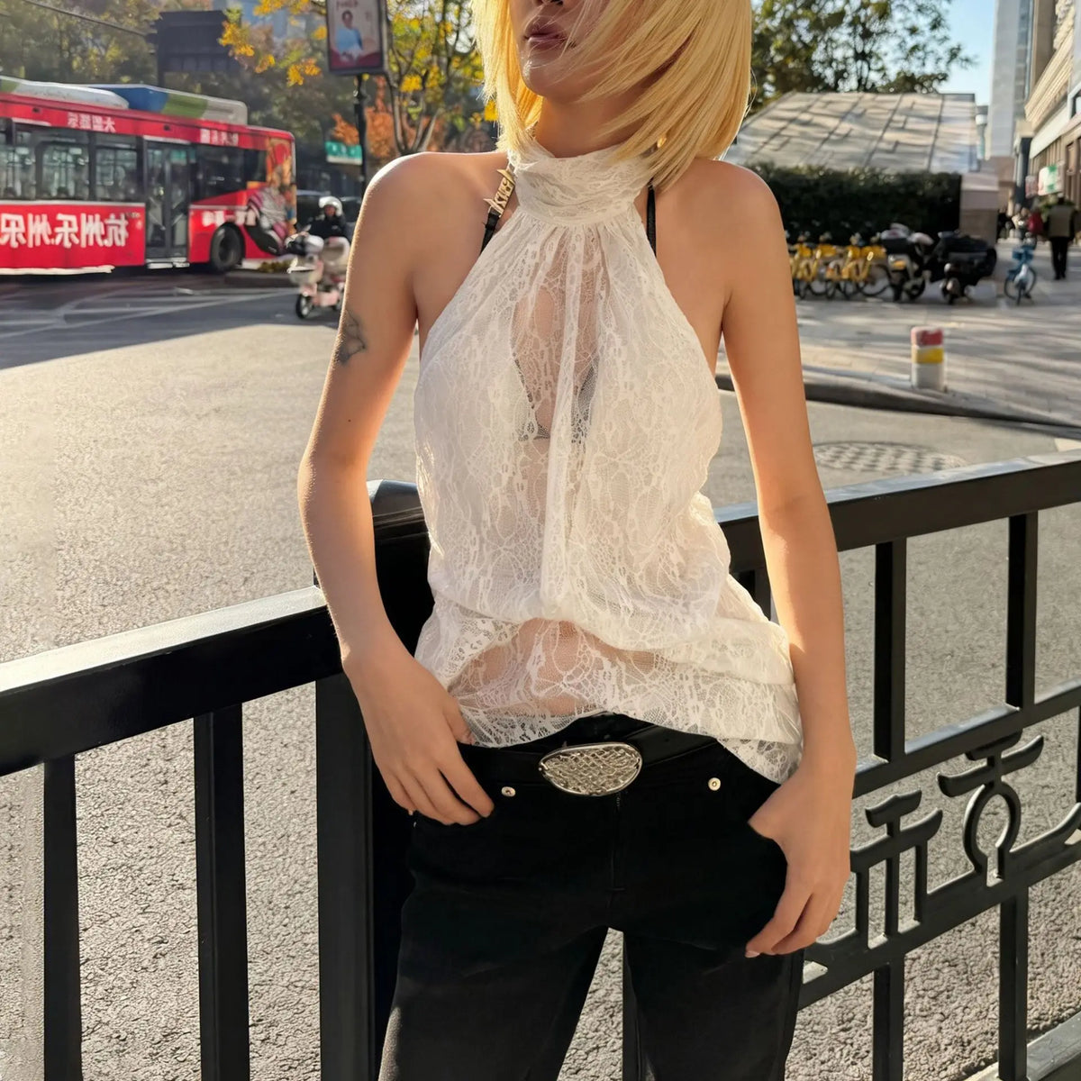 Y2K Lace Draped Halter Top